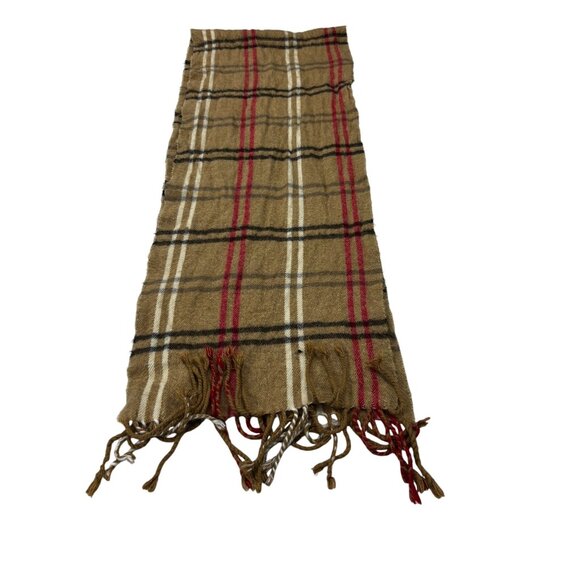 Plaid Pattern Beige Red & Black Fringe Scarf By Cejon 56" X 10" Acrylic Blend Ma - Picture 5 of 8